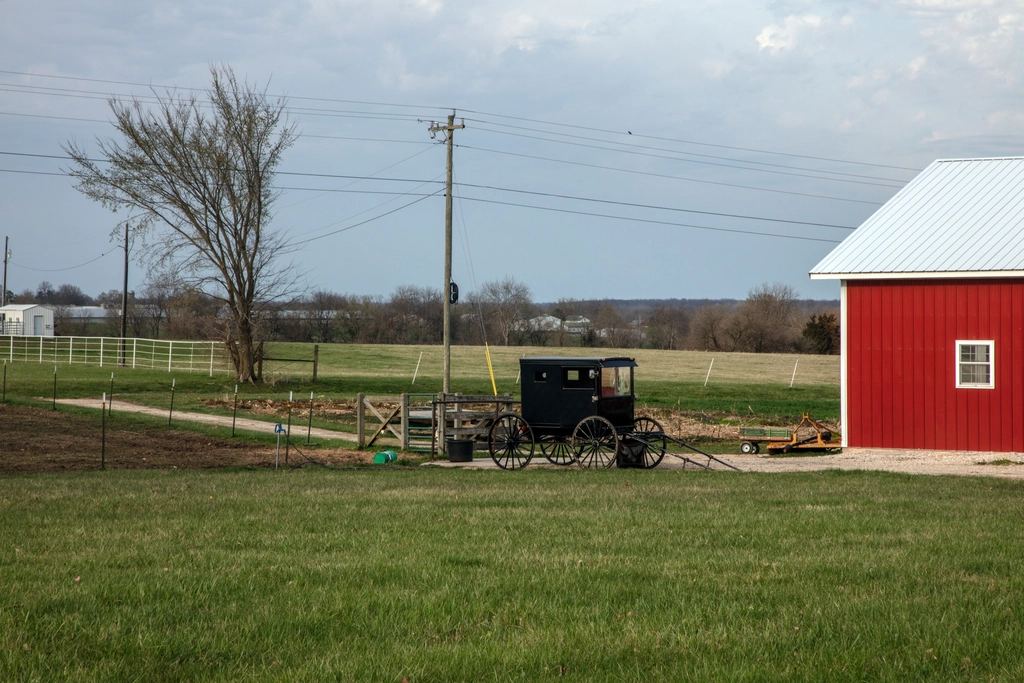 Amish buggy parked beside a red barn